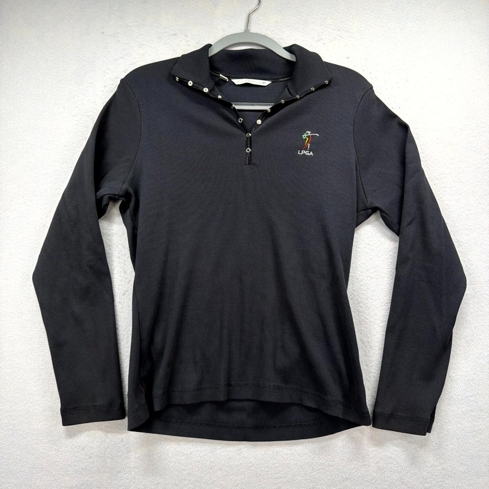 Cutter & Buck LPGA Golf Shirt Women Large Black Ribbed Knit 1/4 Snap Long Sleeve
